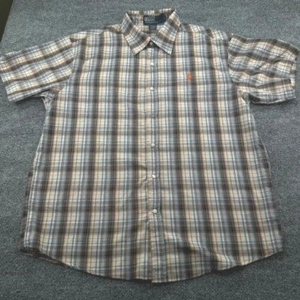 Polo Ralph Lauren Shirt Large Plaid S/S Snap Button Down Cotton Brown Blue L
